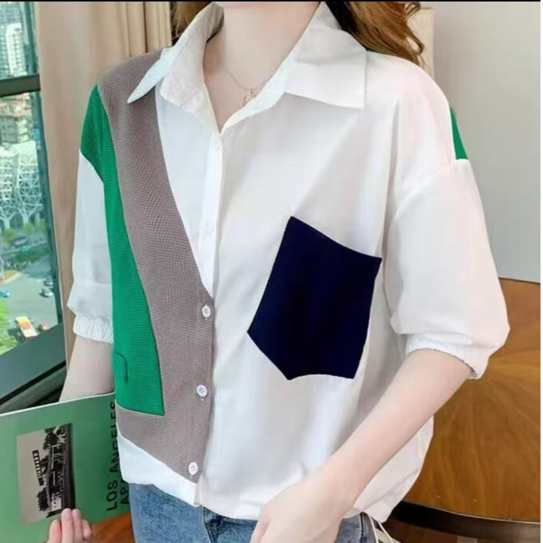 8233-华夫格拼接短袖衬衫（绿拼咖）