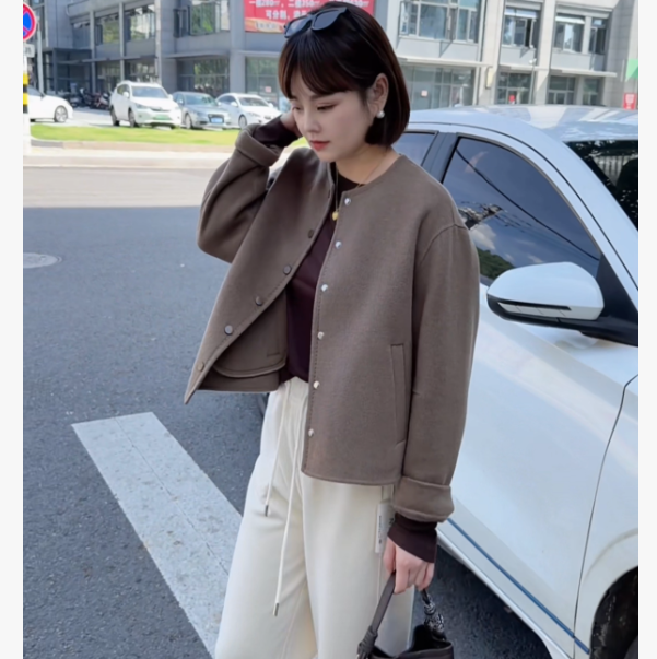 冬季新款双面毛呢明线单排扣短款大衣