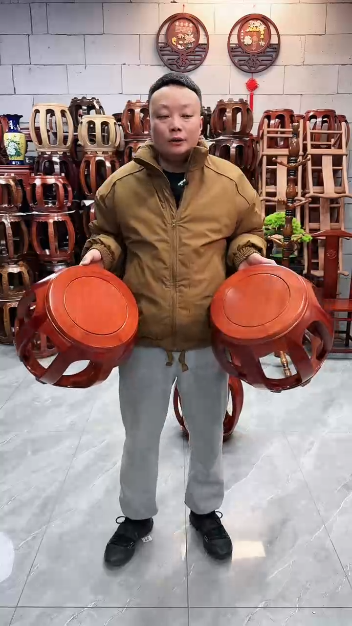 【闪购商品】花梨木类家具西非花梨木花梨色小号鼓凳一对