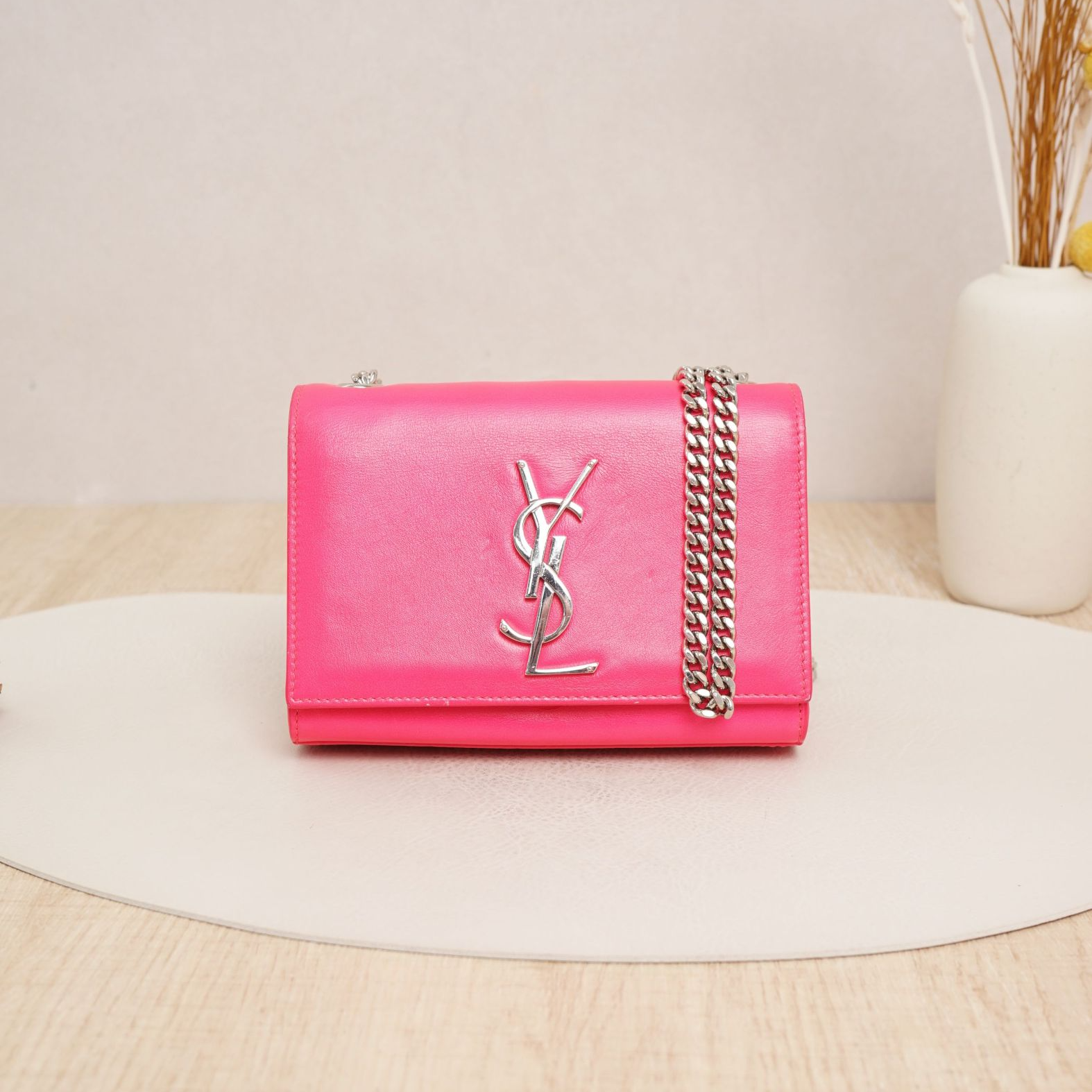 95新 YSL/圣罗兰 圣罗兰KATE链条信封mini荧光粉牛皮/DS039042