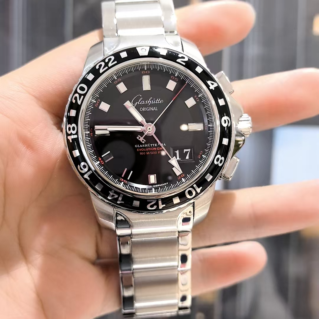 99新 Glashutte Original/格拉苏蒂 42mm双时区机械运动钢链男表