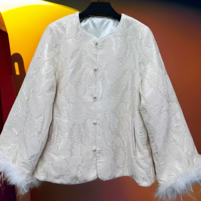 新中式冬季提花长袖宽松型保暖常规棉服棉衣套装白色时尚圆领百搭