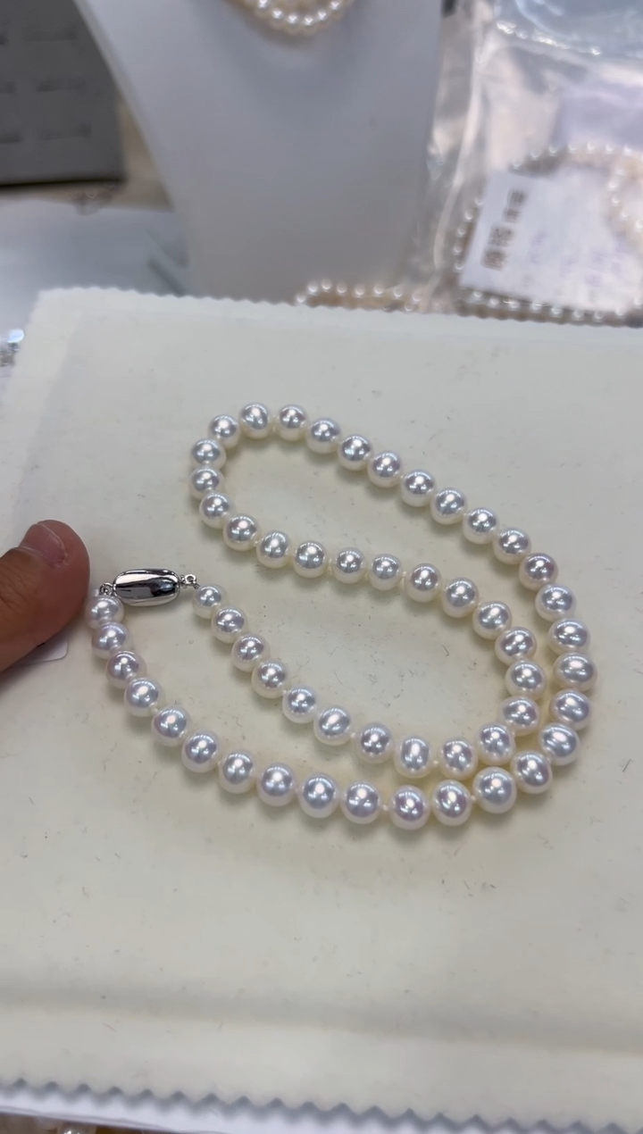 淡水珍珠银S925镶嵌颈饰7.5-8.5mm无核白珠项链