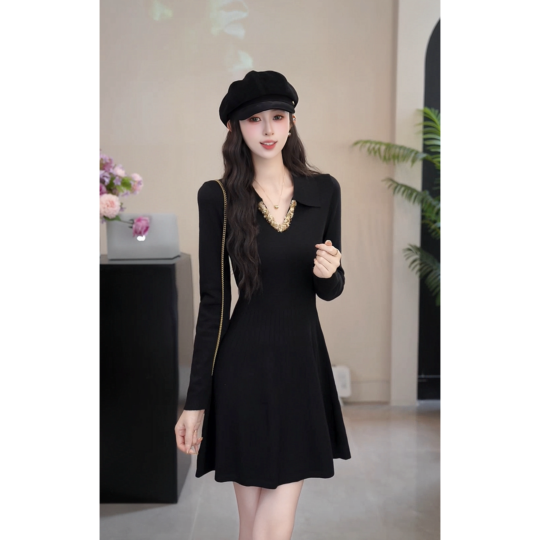 YUANLIANSU/圆脸酥【日蔚暮雨】法式复古V领长袖针织显瘦连衣裙女