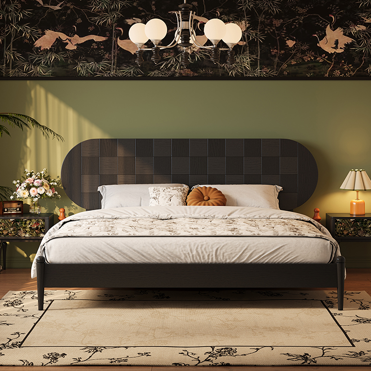 同言全实木床法式复古小户型主卧简约中古风白蜡木双人床