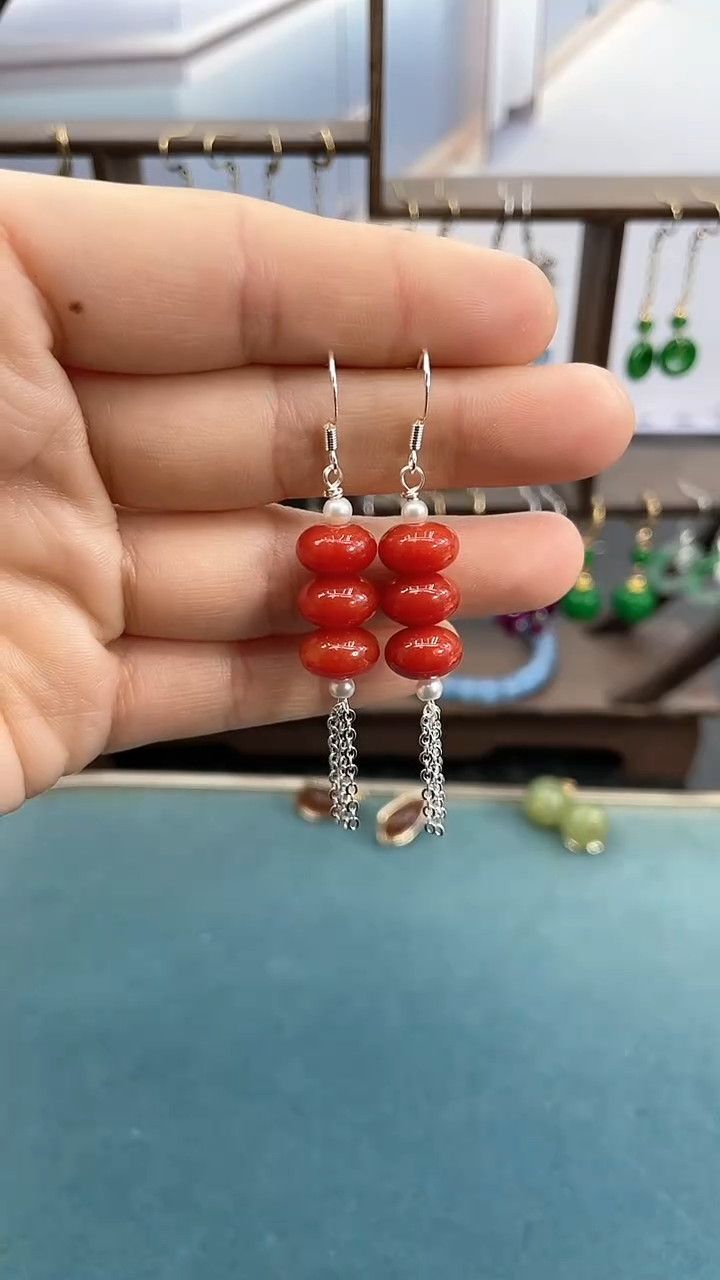 银S925镶嵌南红玛瑙耳饰10mm红流苏