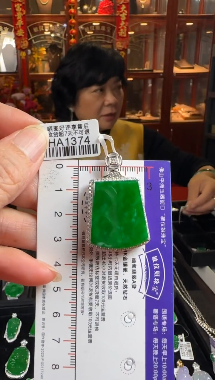 颈饰18K金镶嵌翡翠HA1374辣绿无事牌