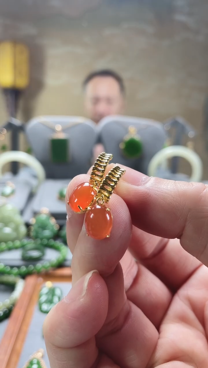 【闪购商品】南红玛瑙耳饰银S925镀金镶嵌耳饰