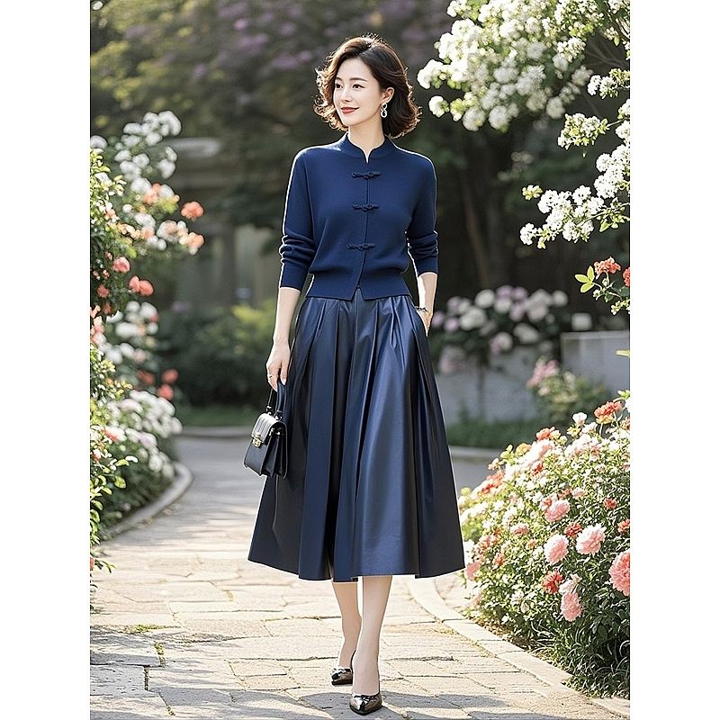 淑女遮肚藏肉绝美新中式国风蓝色针织衫半身裙2025年新款女装套装