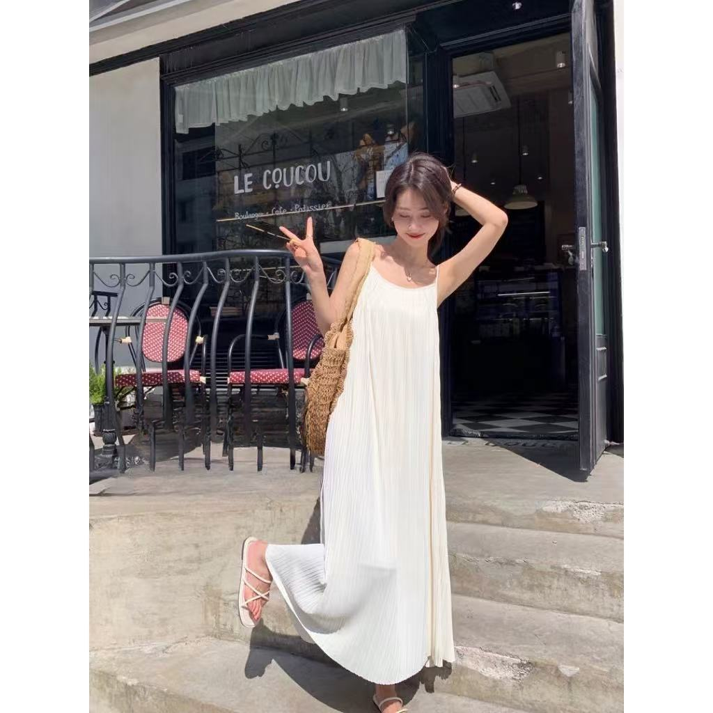 吊带白色夏季褶皱吊带裙款纯色连衣裙气质简约百搭褶皱中长裙AF