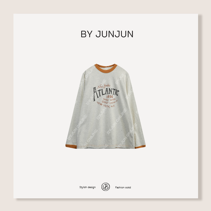 ByJunjun 橘子海 圆领洗水拼色长袖T恤冬季休闲百搭打底衫