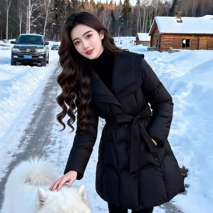 【616】2025新款女装冬季修身收腰中长款外套黑色海军加厚保暖外套