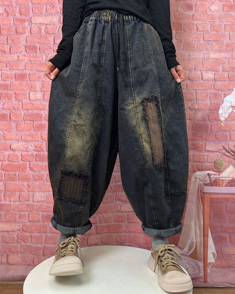 2025春季新款个性拼接贴布宽松休闲牛仔南瓜裤女