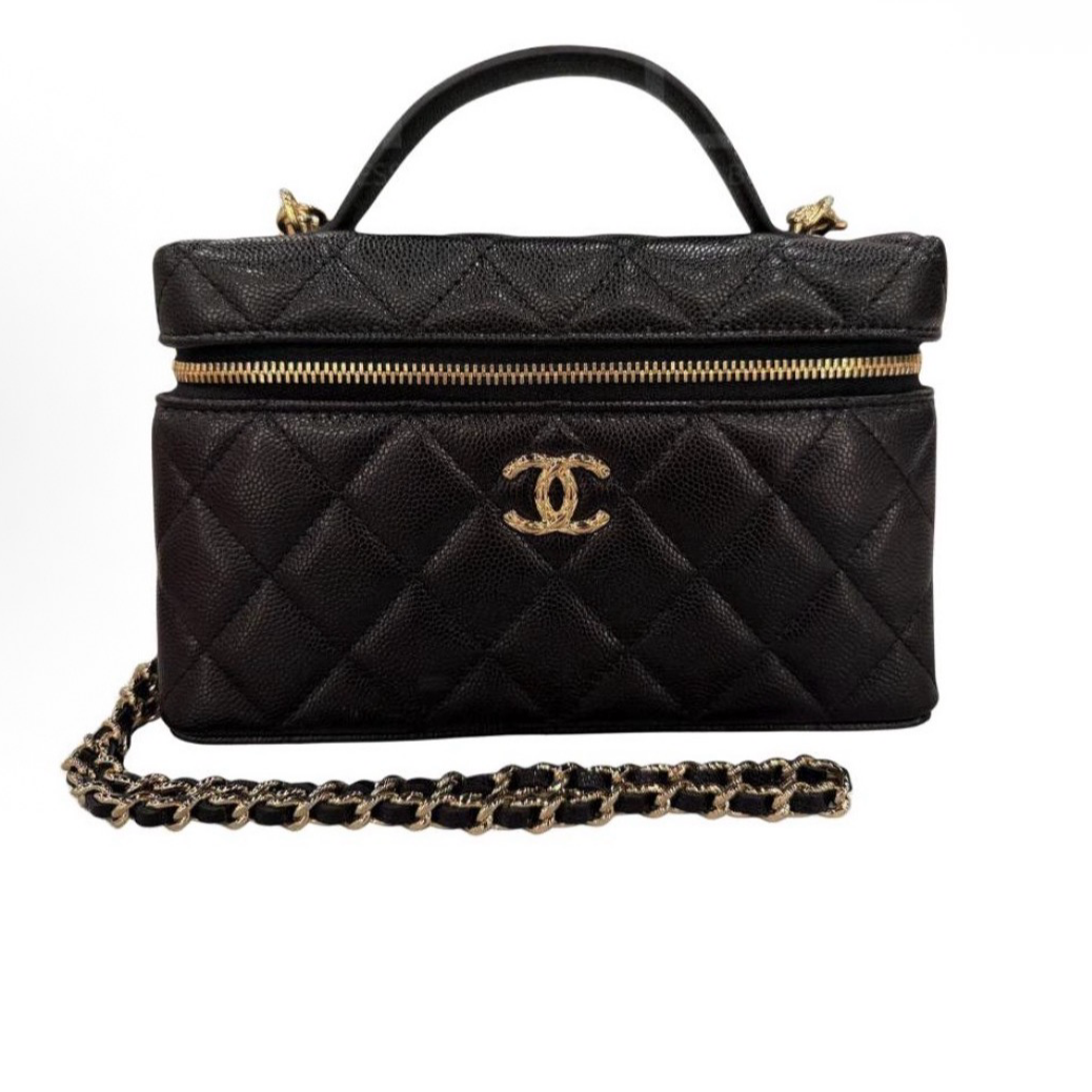 未使用 Chanel/香奈儿 小花6珊26C饭盒包 黑色荔枝皮 金扣 镭射标