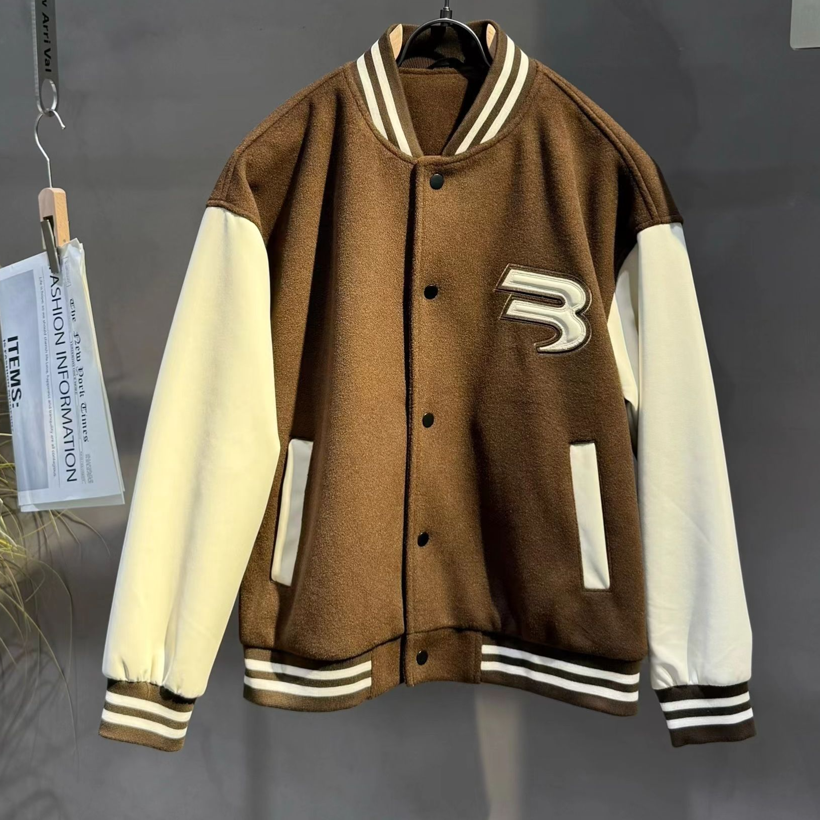 复古港风拼接情侣单排扣棒球服秋冬外套冬季拼色百搭撞色美式休闲