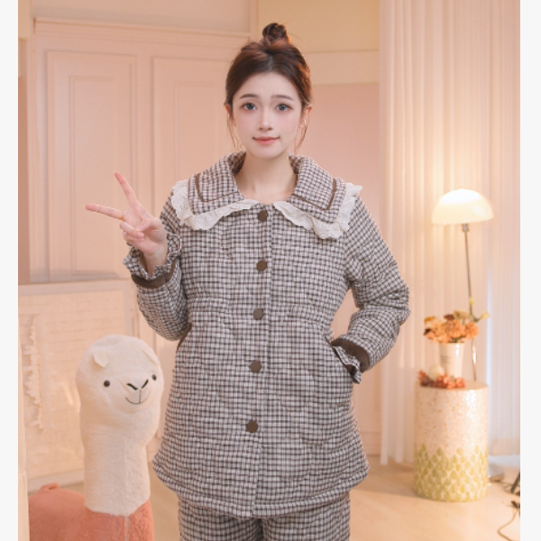 安之伴【巨保暖】梭织三层夹棉睡衣女款套收腰加绒加厚82551122688