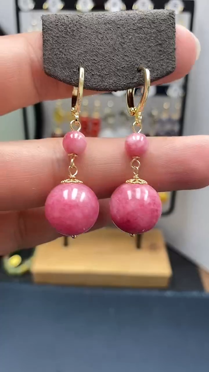 菱锰矿（红纹石）银S925镀金镶嵌耳坠尺寸14mm耳扣连珠