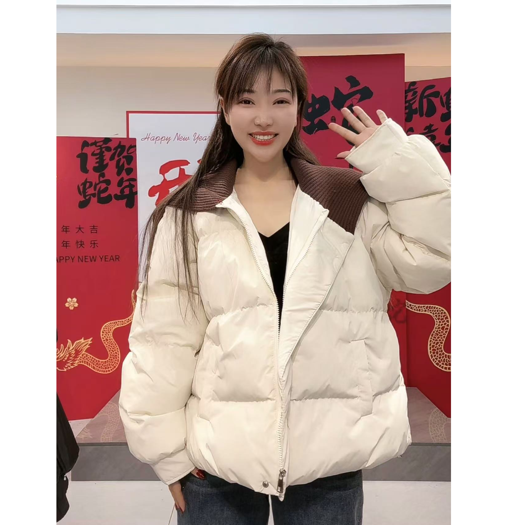 XIE9 韩系翻领拼接加棉外套28735