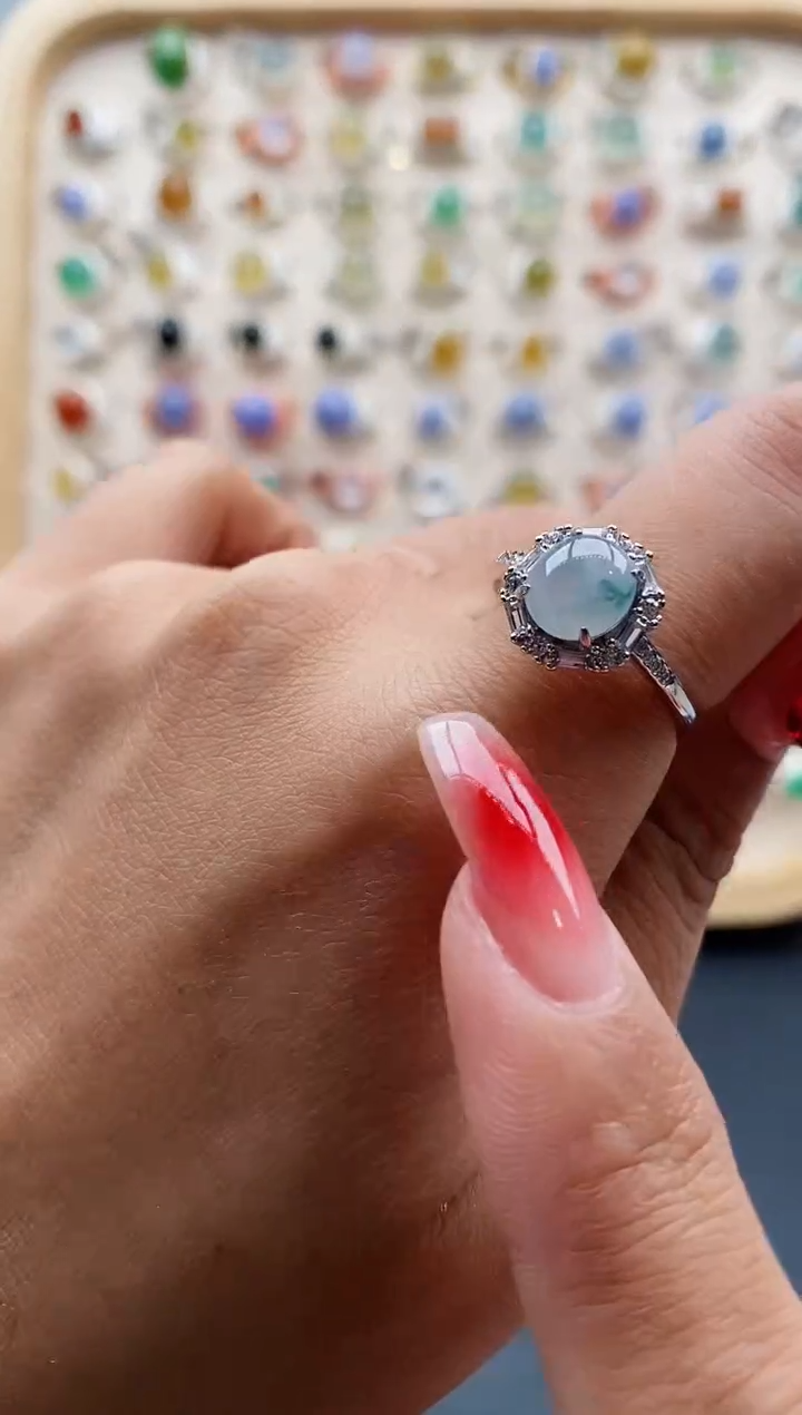 【闪购商品】翡翠戒指银S925镶嵌缅甸天然A货翡翠555 4+1