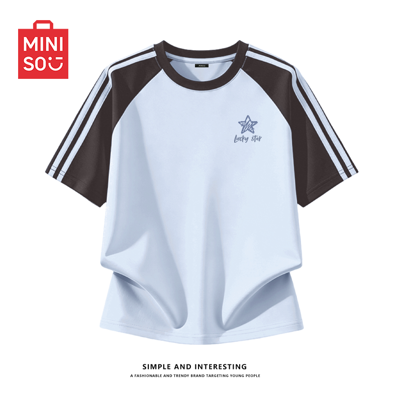 MINISO名创优品美式蓝色短袖女士夏季中学生高级女装正肩运动上衣