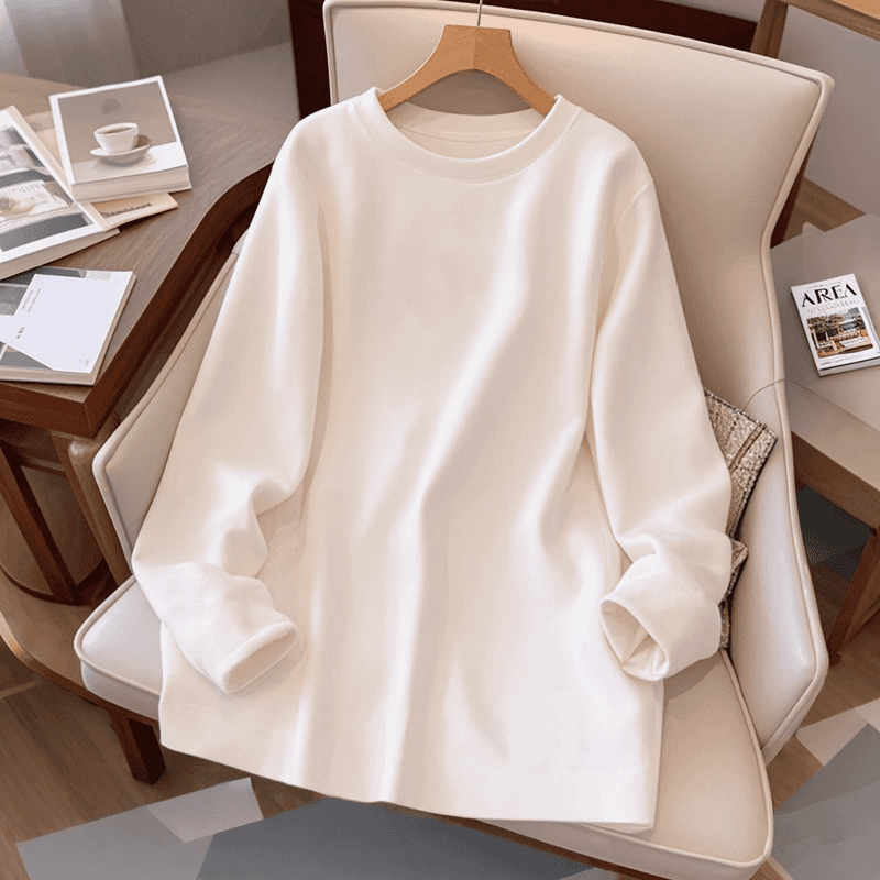 2025新款白色打底衫女内搭宽松中长款T恤女纯色撞色弧形下摆上衣