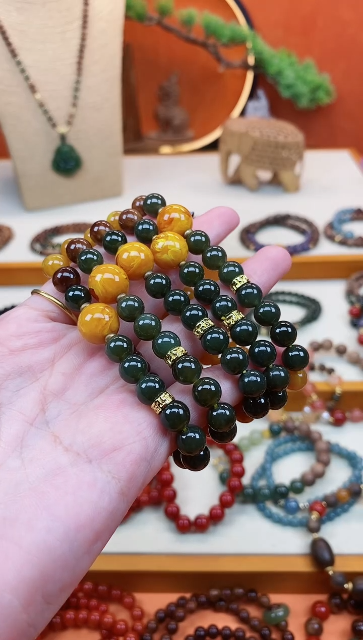 未镶嵌蜜蜡手链单圈蜜蜡和田菠菜绿手串