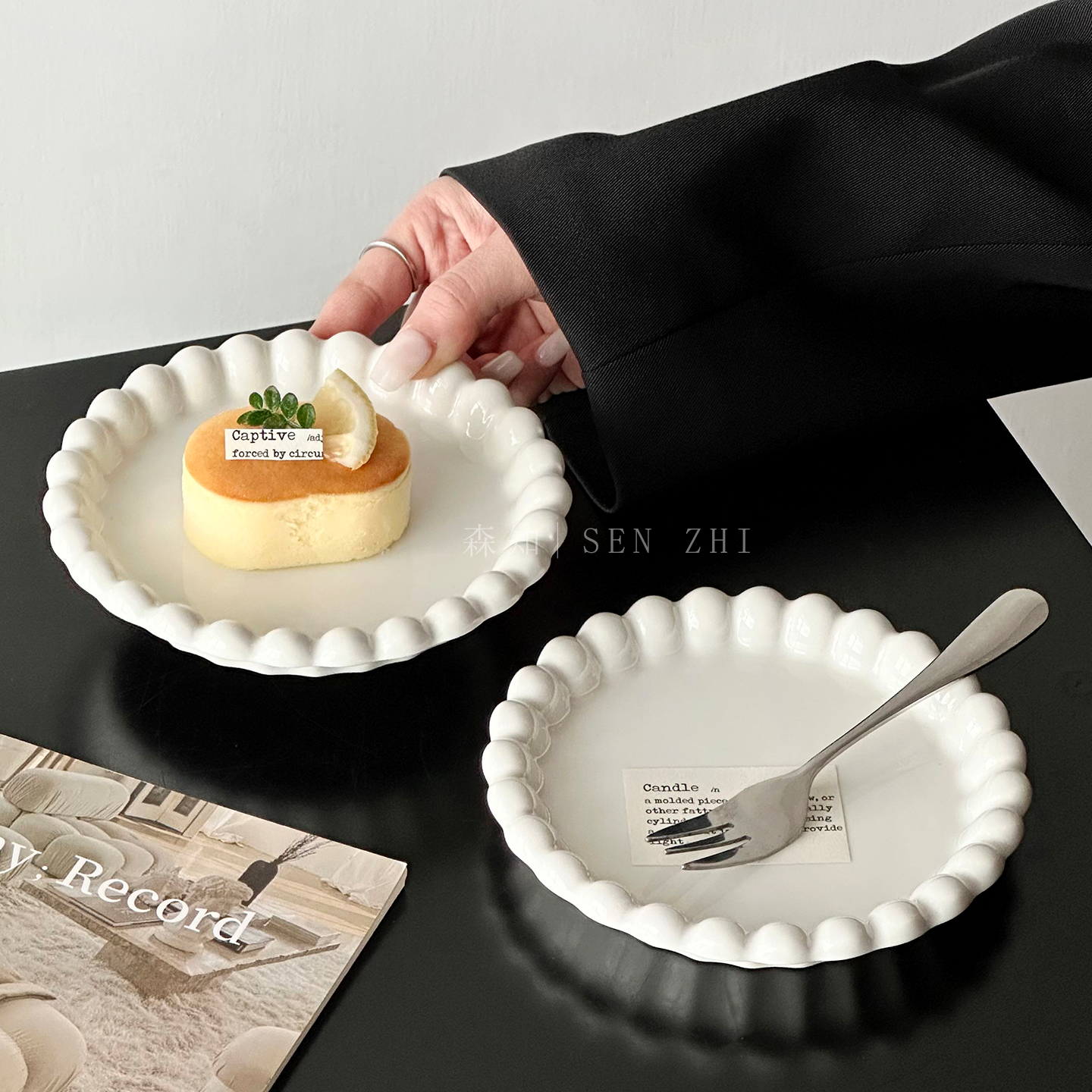 ins风珠边陶瓷盘法式高级感餐盘创意甜品蛋糕盘精致下午茶点心碟