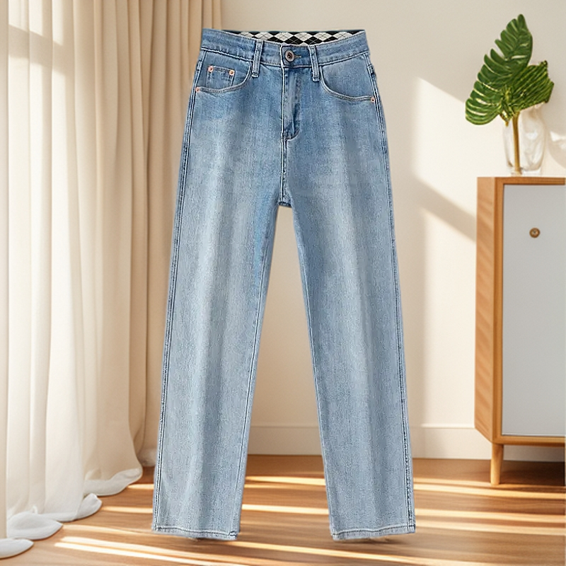 中高腰牛仔裤浅蓝九分超柔弹力面料时尚潮流烟管法棍直筒牛仔裤女