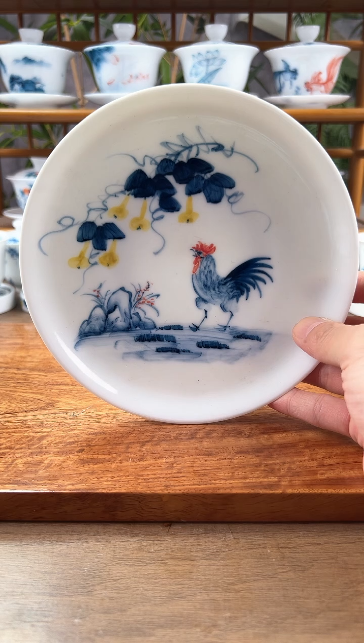 全品公鸡手绘壶承