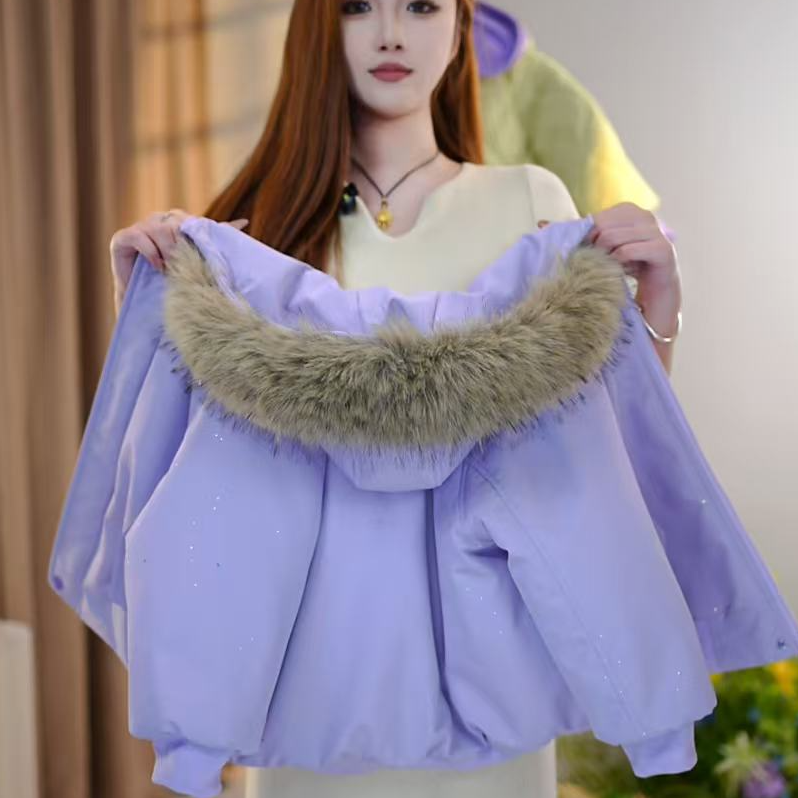 【佳琪妈】极寒系列女童紫色小熊一件过冬连帽派克棉服外套-7183#
