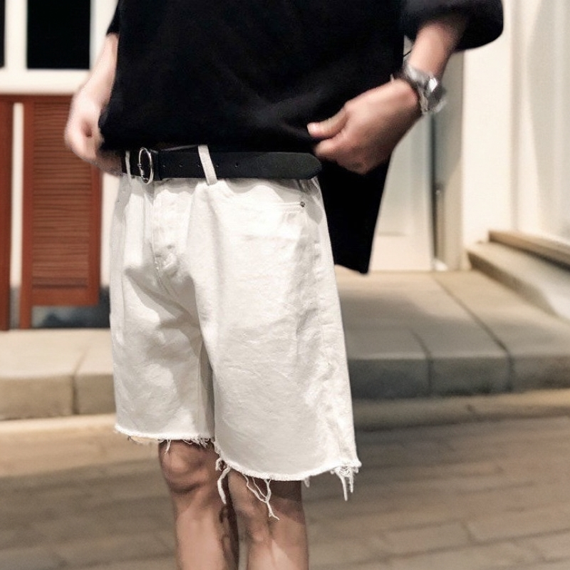 痞帅轻奢男装牛仔短裤男生宽松直筒中裤夏季薄款简约米色男士短裤