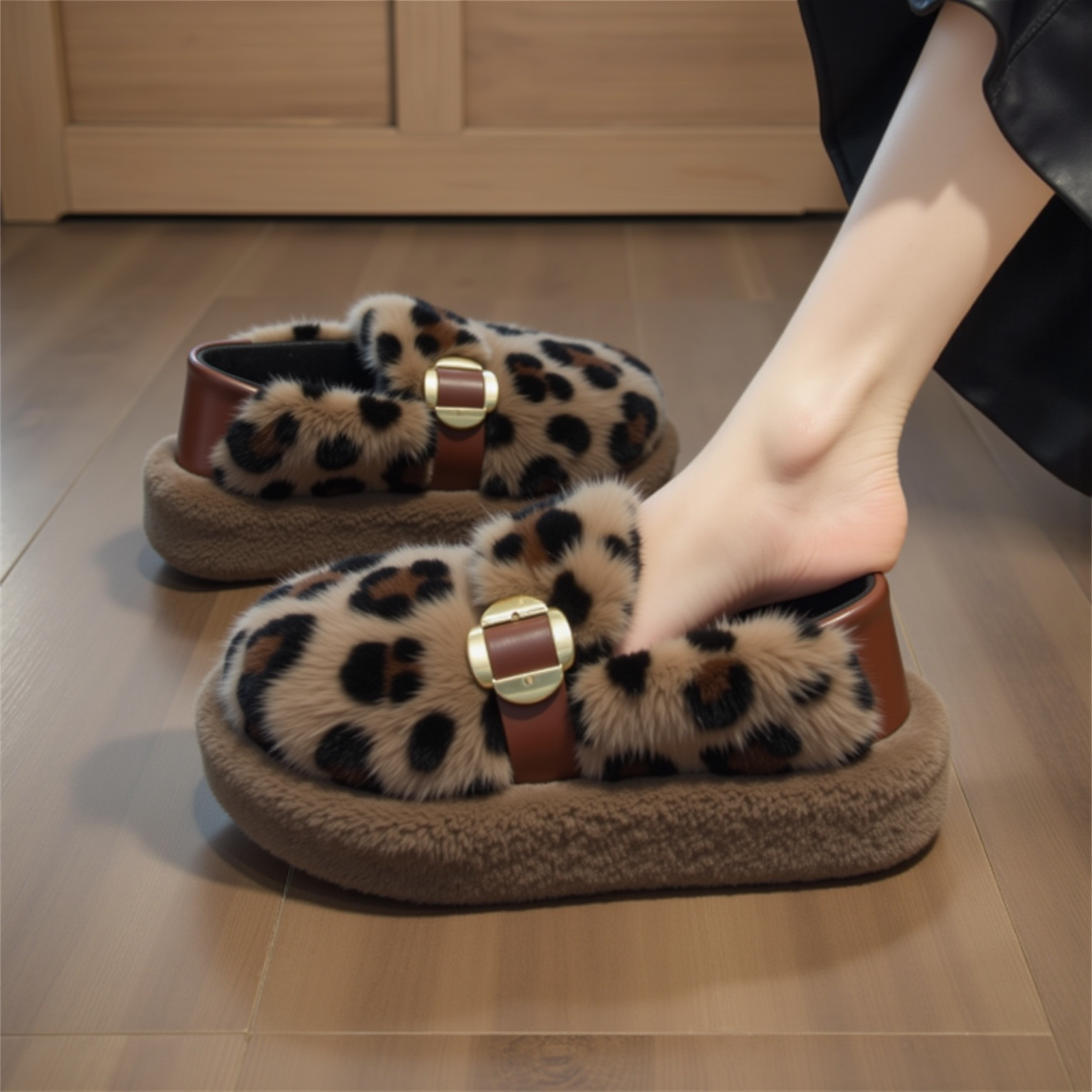 豹纹毛毛鞋女2025新款冬季外穿厚底增高加绒保暖四叶草扣孕妇棉鞋