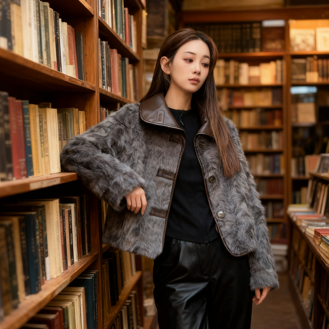 年度价【双面可穿】秋冬翻领短款短外套宽松开衫厚款毛绒上衣时8850