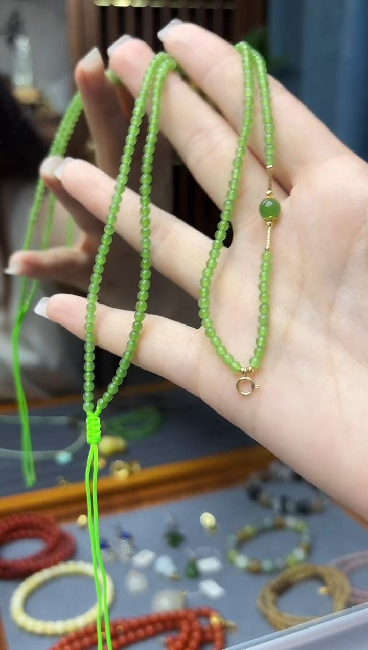 颈饰18K金镶嵌和田玉18K金碧玉小米珠项链XY