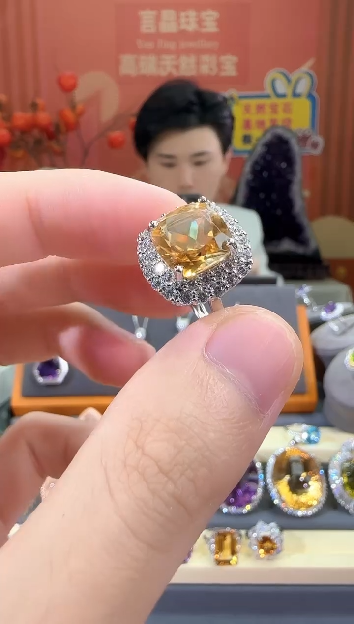 黄晶戒指银S925镶嵌10mm戒指设计款