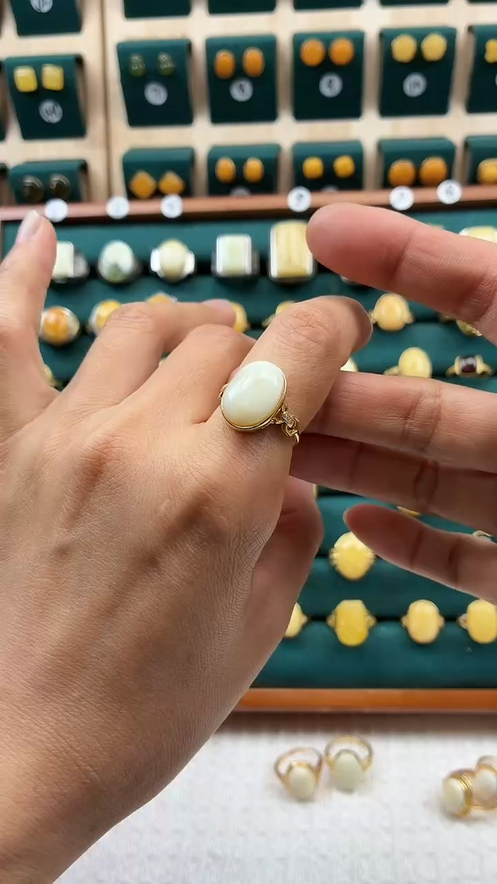 银S925镀金镶嵌琥珀戒指白蜜戒指