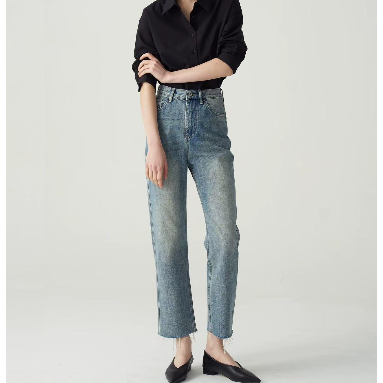 1206#【裤长92左右】春夏新款浅色显瘦遮肉九分烟管牛仔裤