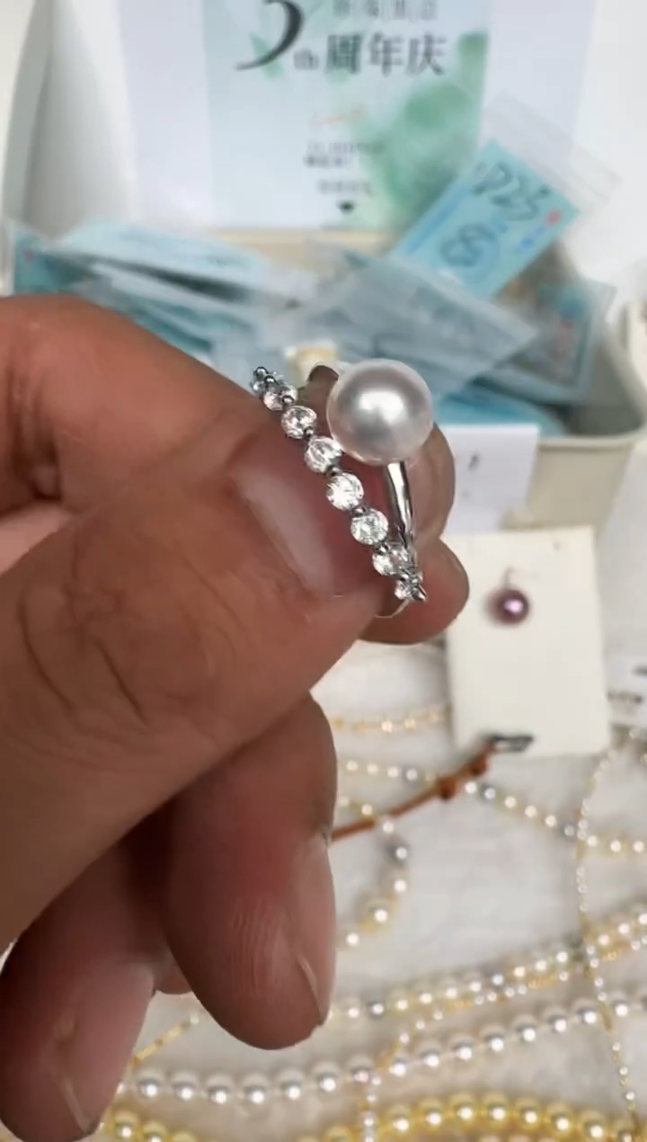 银S925镶嵌戒指海水珍珠戒指