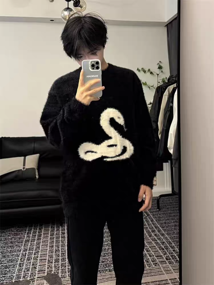 秋季针织冬季秋冬长袖针织衫毛衣黑色圆领情侣开衫