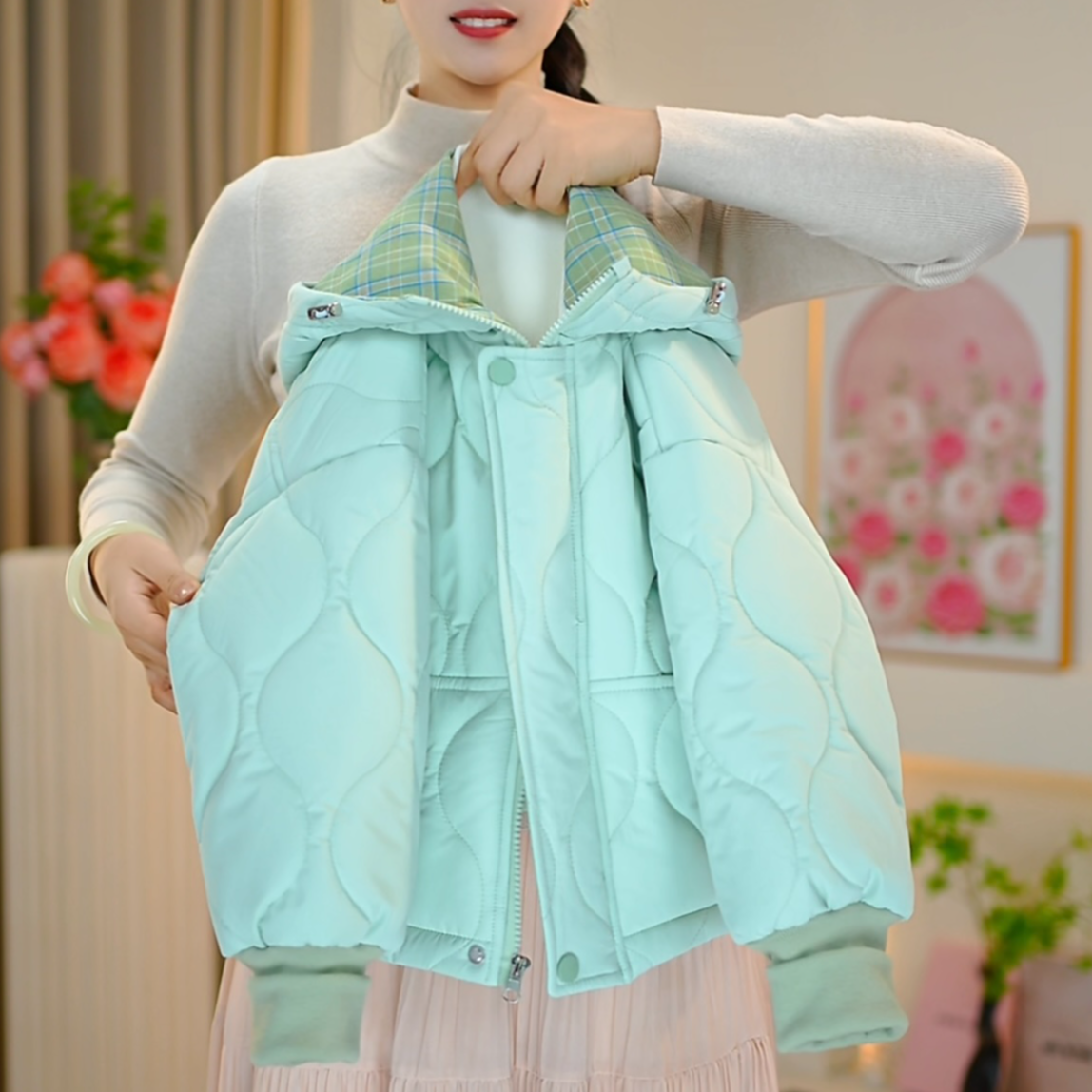 【佳琪妈】极寒系列女童薄荷绿菱格小花朵加毛加棉连帽棉服-7173#