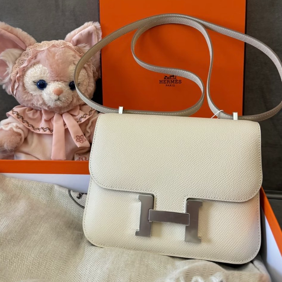 99新 Hermes/爱马仕 【小花Han】 康康 19 奶昔白 Ep皮 W刻银扣