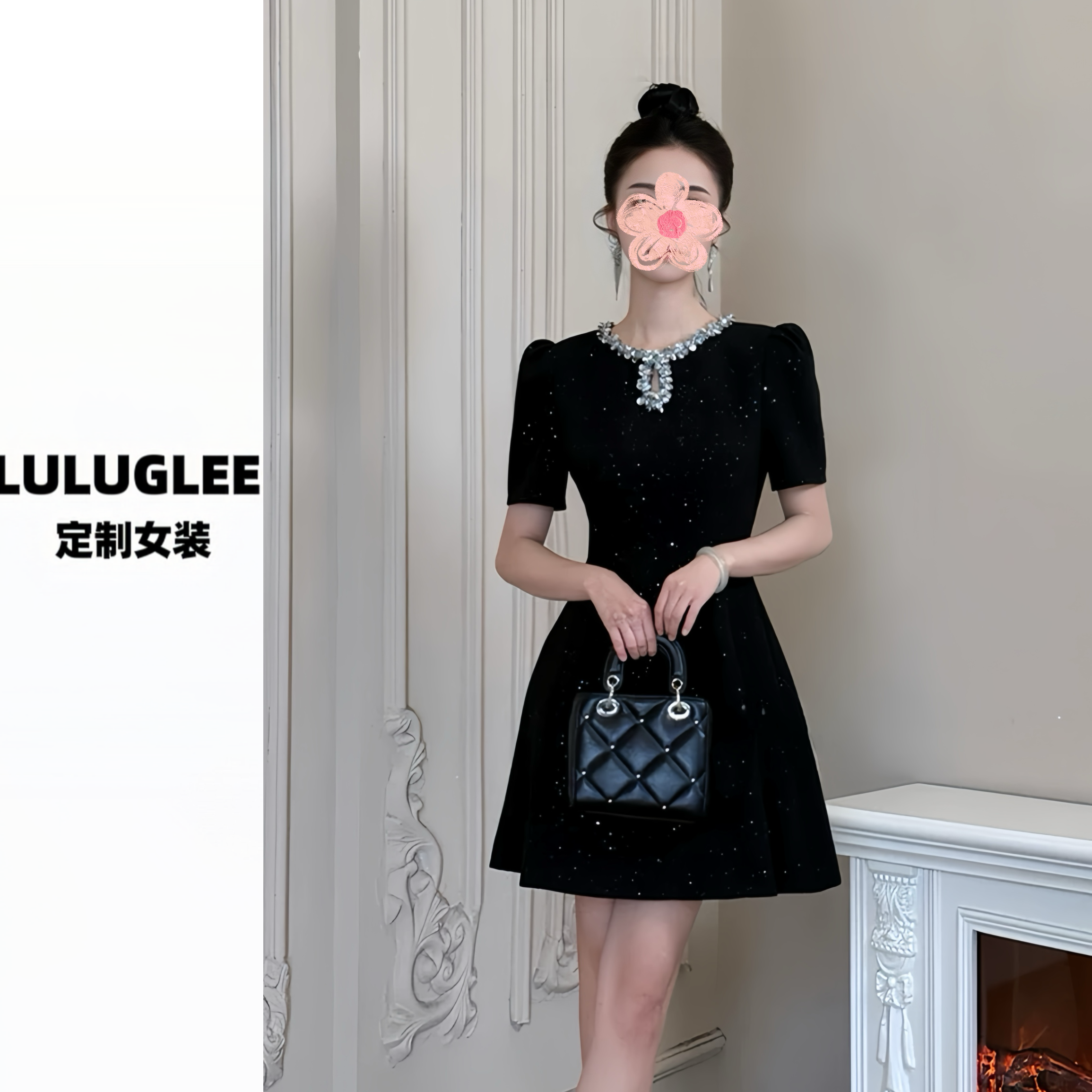 法式赫本风设计师小黑裙女夏季亮闪闪亮片遮肉收腰显瘦a字连衣裙