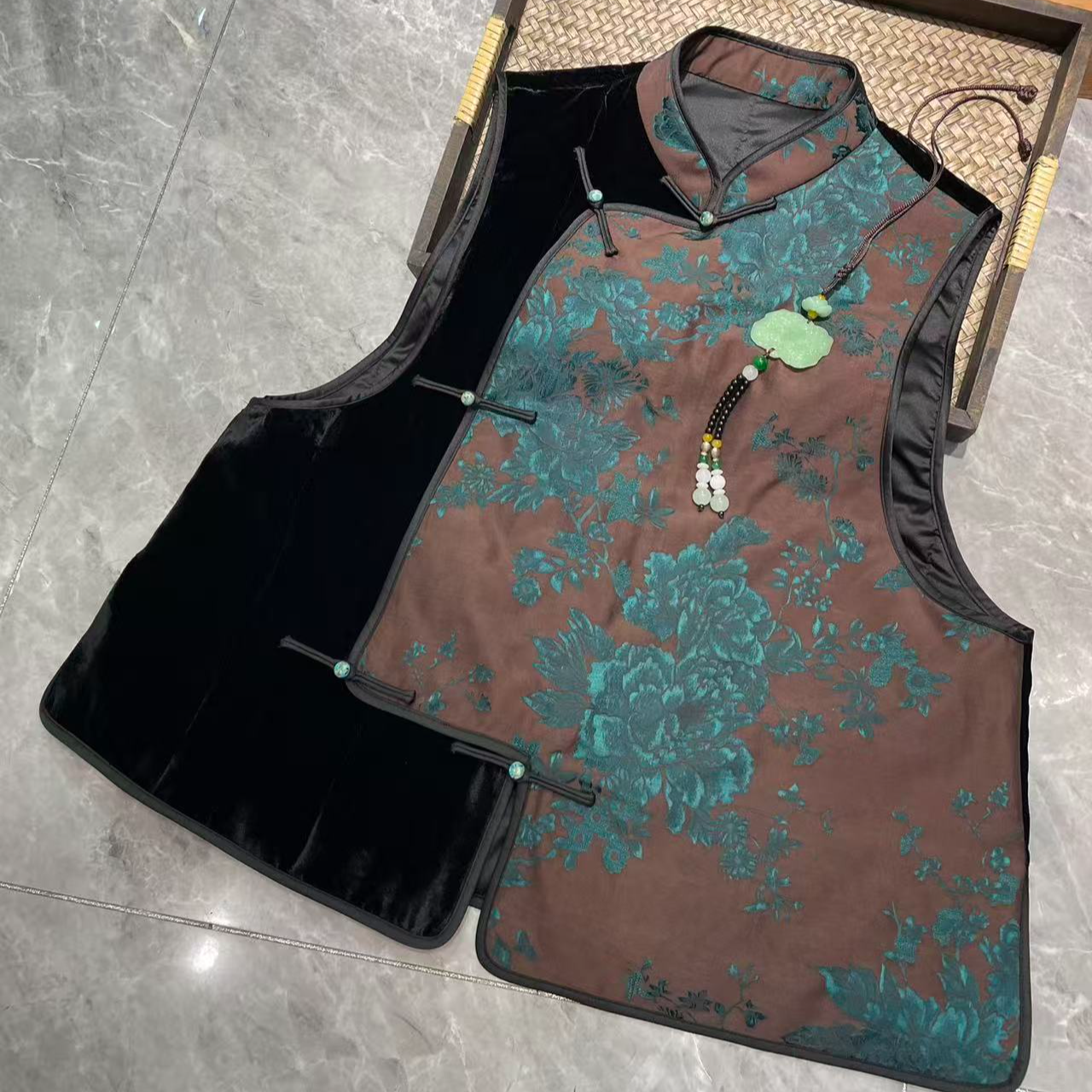 谢美丽-精选【兰芷】咖底拼接立领湖蓝印花马甲