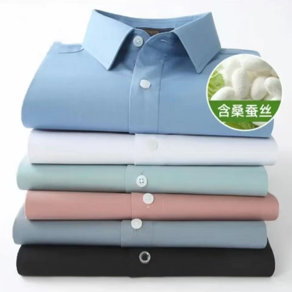 桑蚕丝男免烫抗皱男士吸汗长袖冬季衬衫衬衣薄款速干休闲polo衫