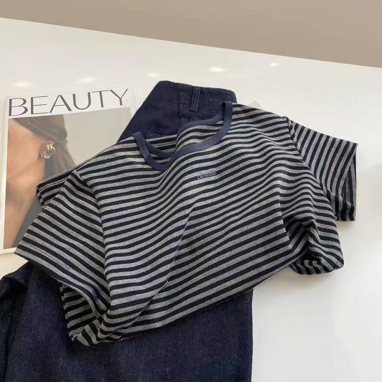 ARRLMORRE品牌【璞影】简约刺绣字母正肩条纹棉T短袖