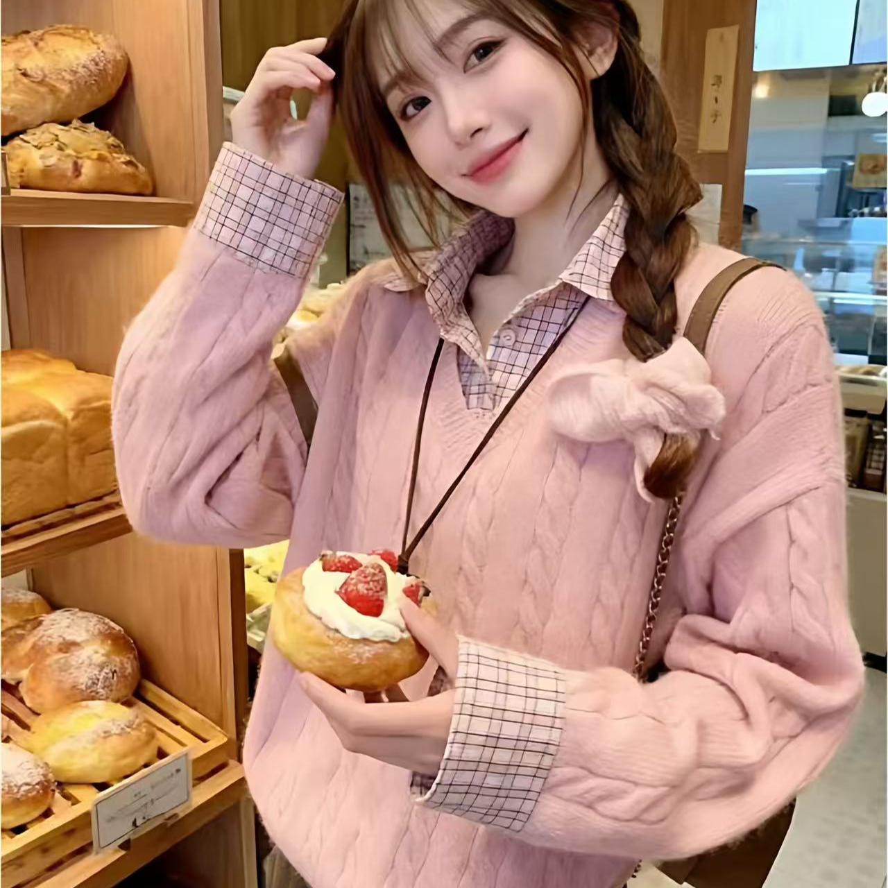 假两件格子拼接polo领长袖针织衫女2025秋冬新款甜美宽松麻花毛衣