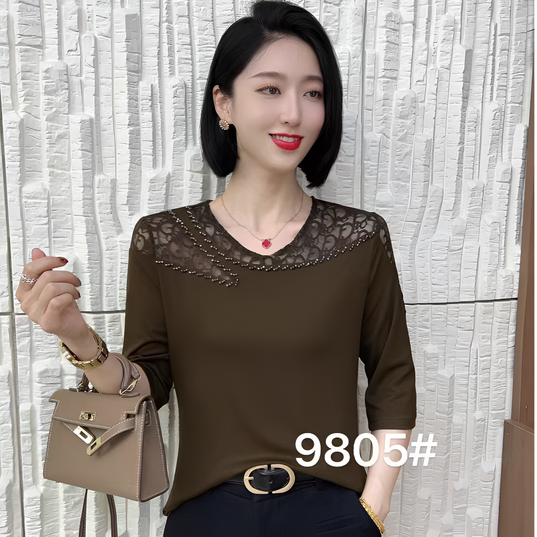 2025早秋新款时尚圆领镂空蕾丝设计洋气七分袖休闲百搭小衫#9805