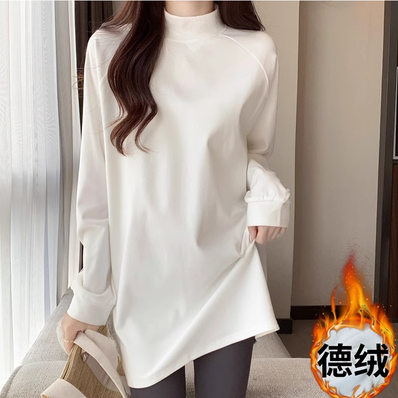 白色插肩袖纯色半高领打底衫女秋冬德绒保暖T恤遮臀中长款上衣