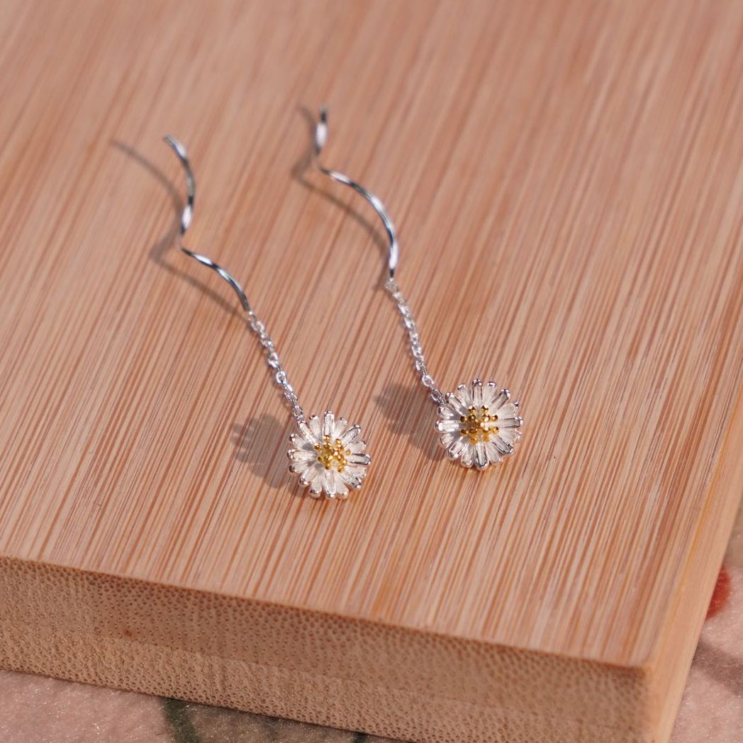 足银耳饰 苗人匠银坊 足银纯手工 小雏菊长款时尚耳线