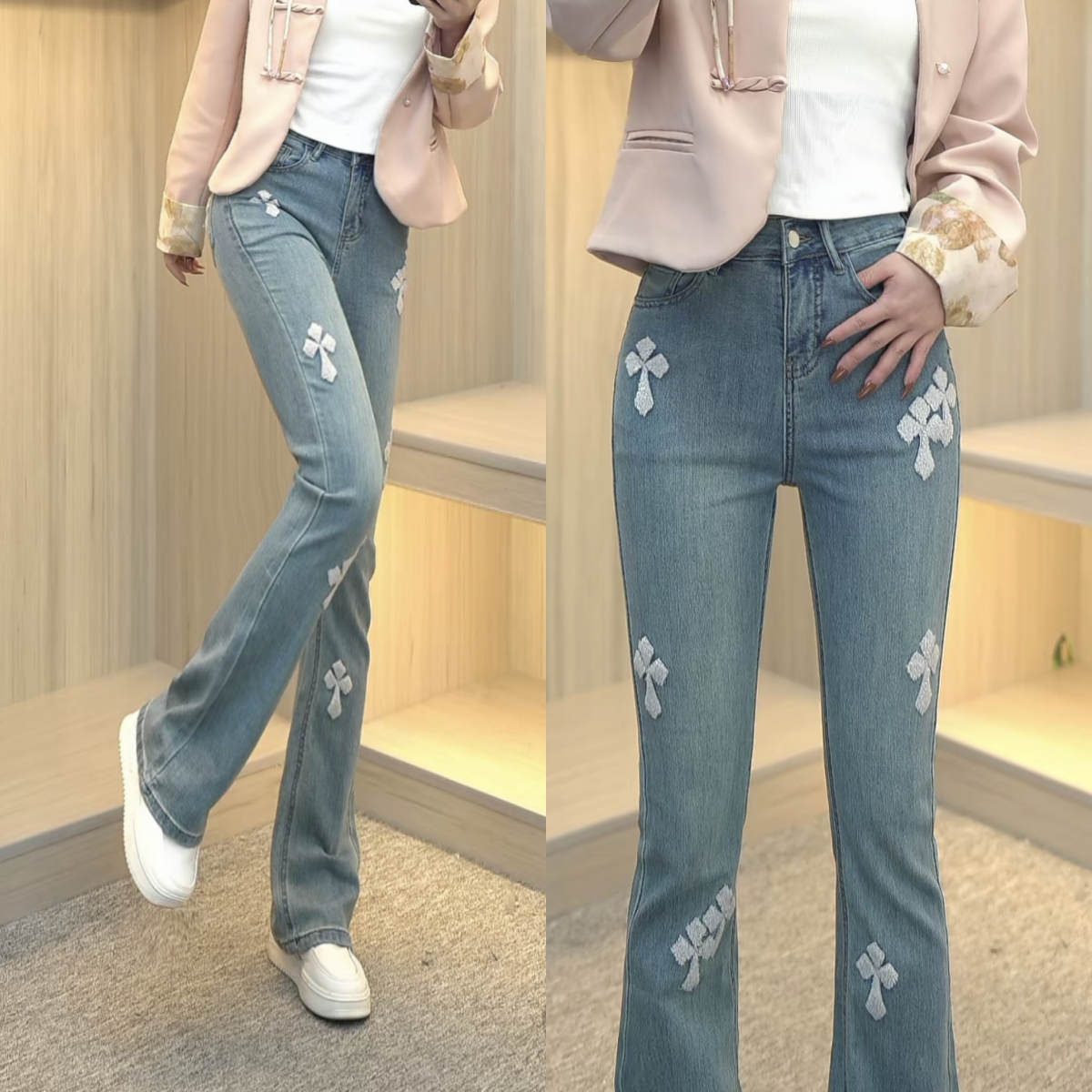 秋季高腰显瘦修身莫奈花园怀旧微喇国风毛巾绣微弹牛仔裤女士百搭